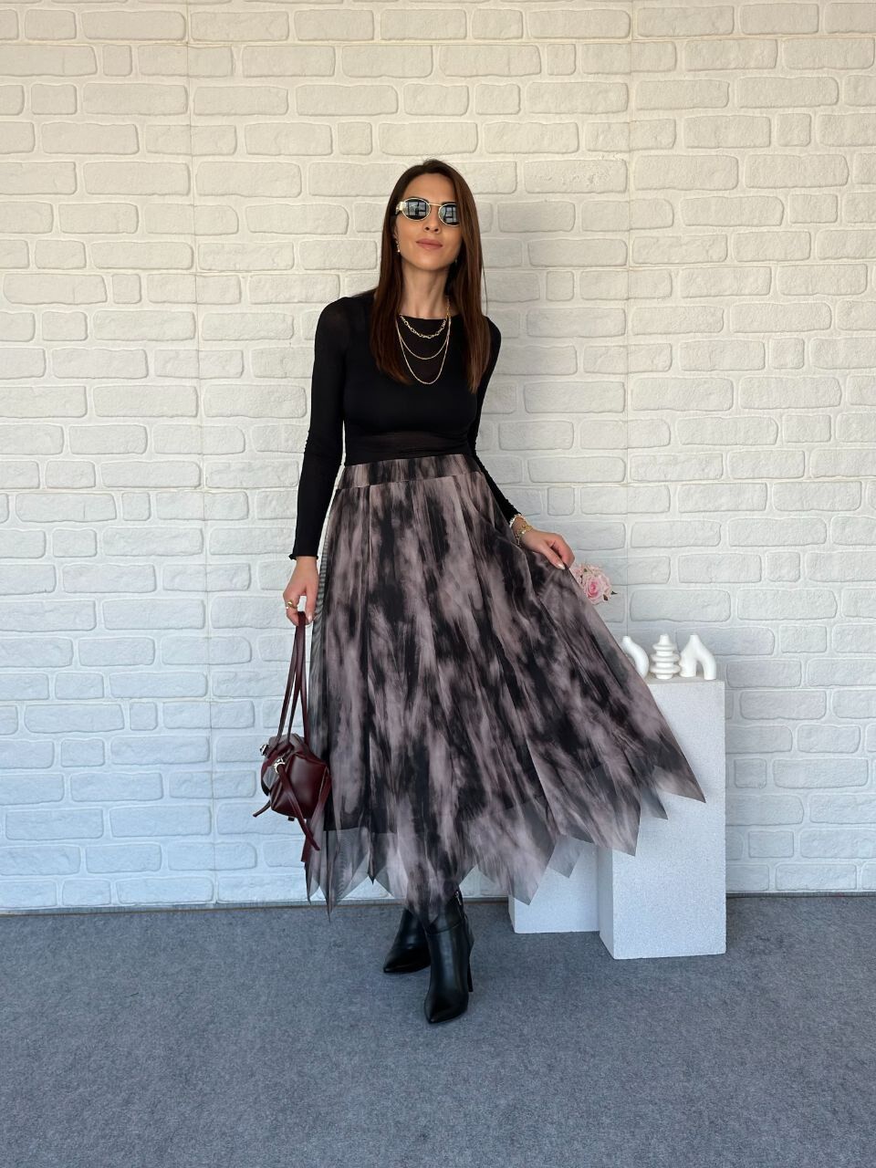 İçi Astarlı Beli Lastikli Asimetrik Kesim Kloş Tül Etek XL - siyah desenli