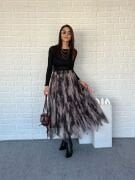 İçi Astarlı Beli Lastikli Asimetrik Kesim Kloş Tül Etek XL - siyah desenli