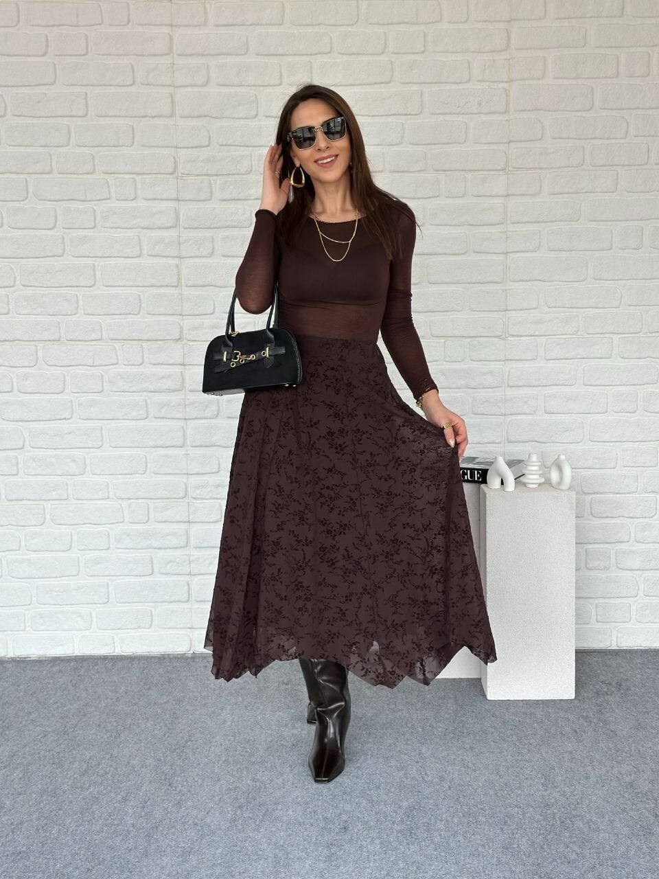 Flog Desenli Beli Lastikli Kloş Etek acı kahve - S