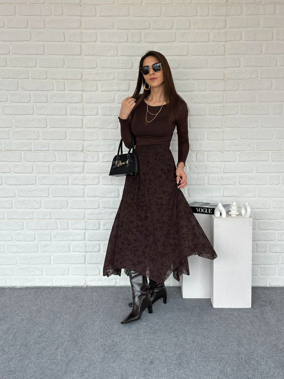 Flog Desenli Beli Lastikli Kloş Etek acı kahve - XL