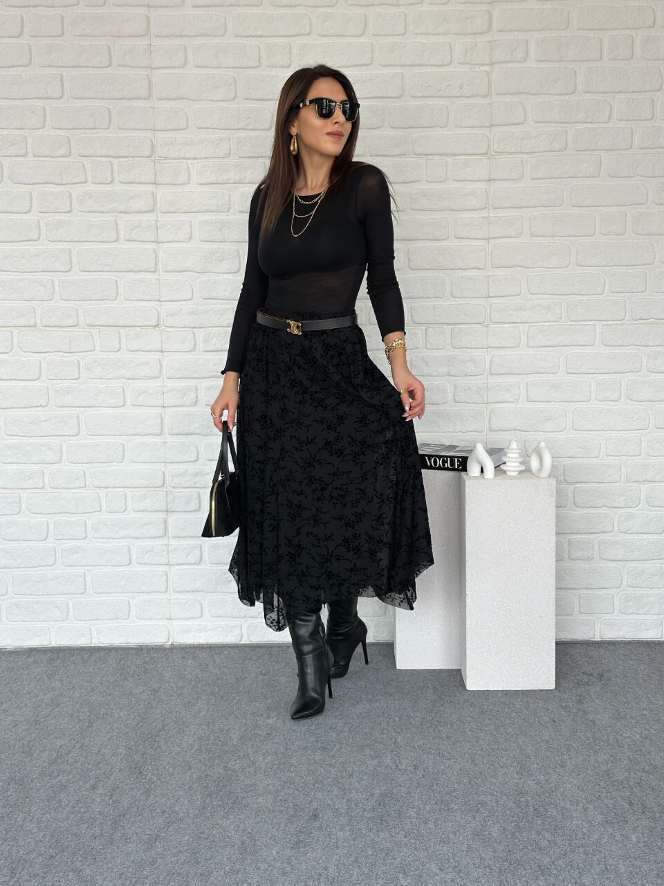 Flog Desenli Beli Lastikli Kloş Etek siyah - L