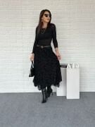 Flog Desenli Beli Lastikli Kloş Etek siyah - L