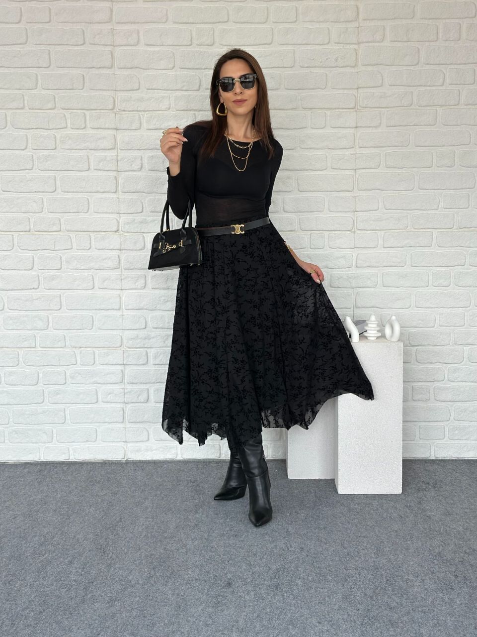 Flog Desenli Beli Lastikli Kloş Etek siyah - L