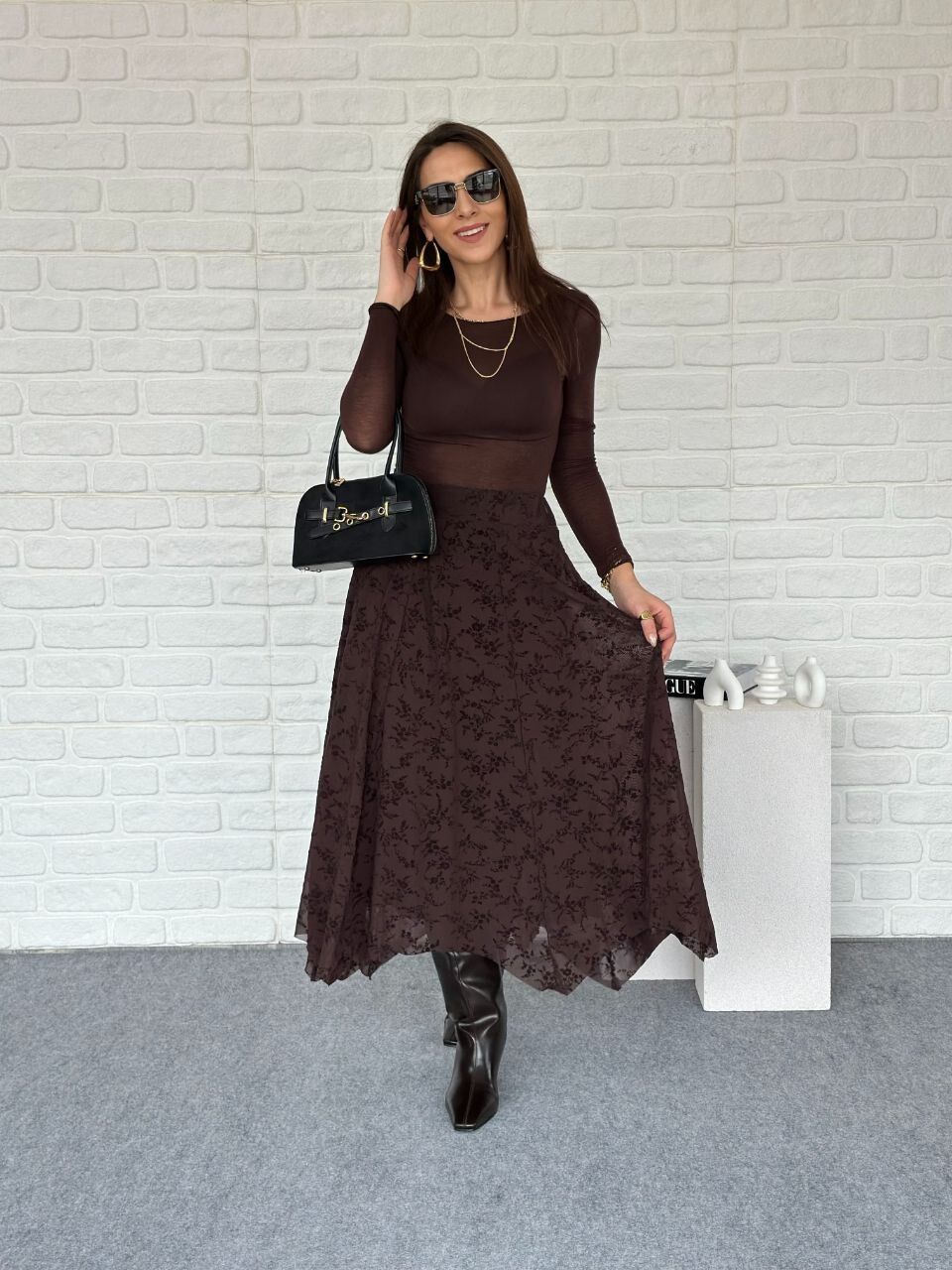 Flog Desenli Beli Lastikli Kloş Etek acı kahve - L