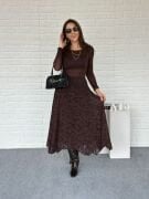 Flog Desenli Beli Lastikli Kloş Etek acı kahve - L