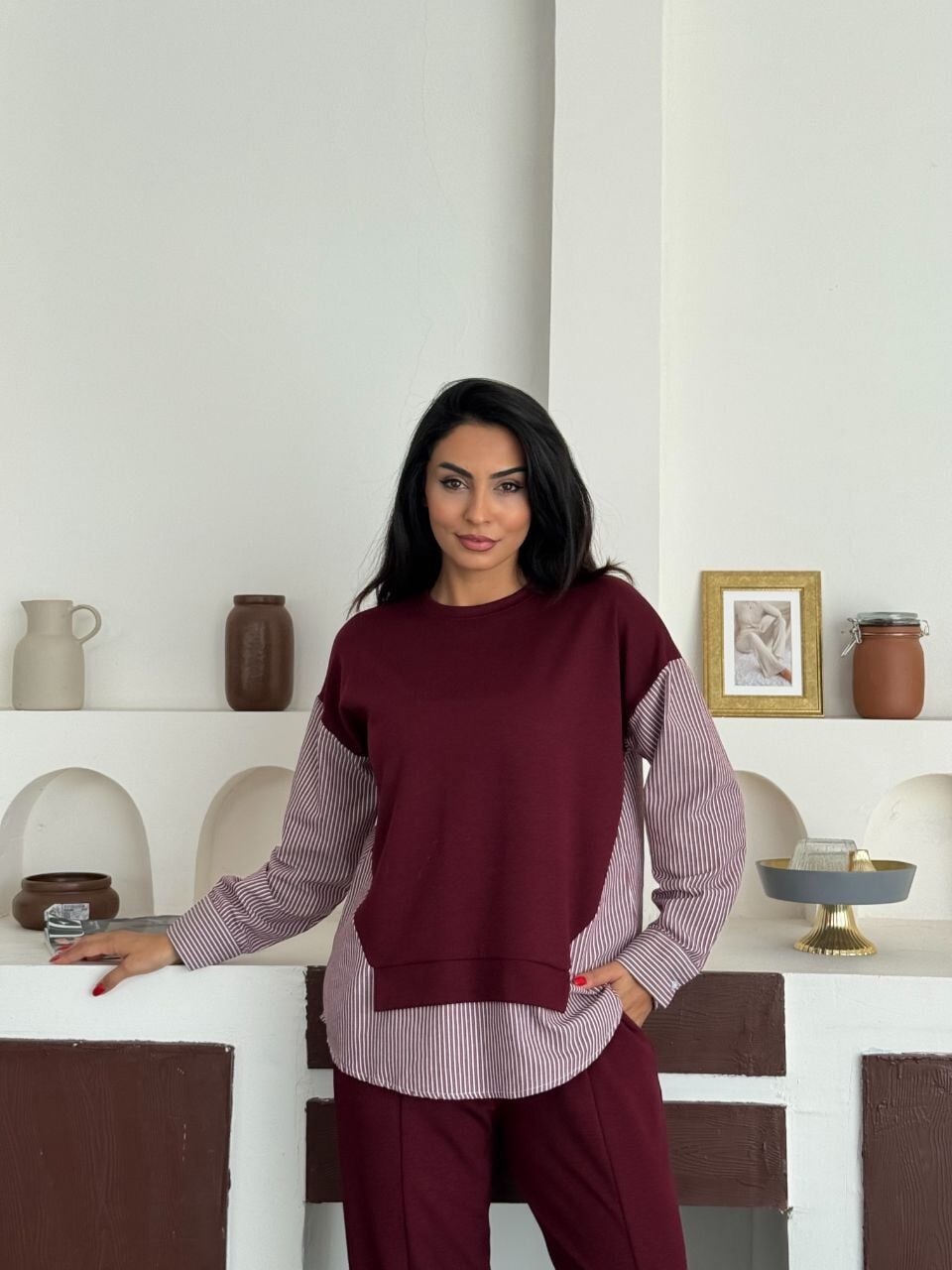Gömlek Garnili Modal Alt Üst Takım bordo - M
