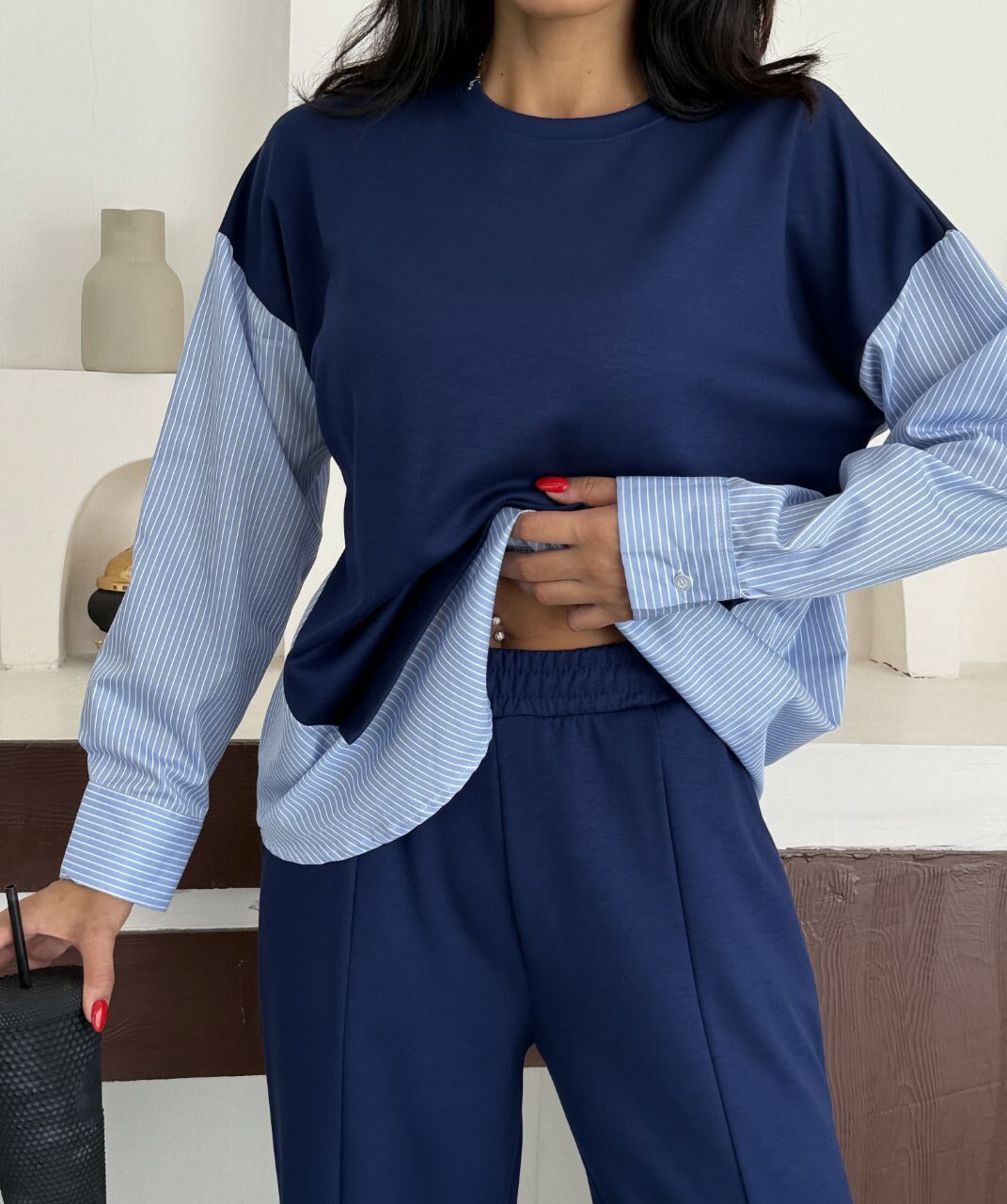 Gömlek Garnili Modal Alt Üst Takım lacivert - XL