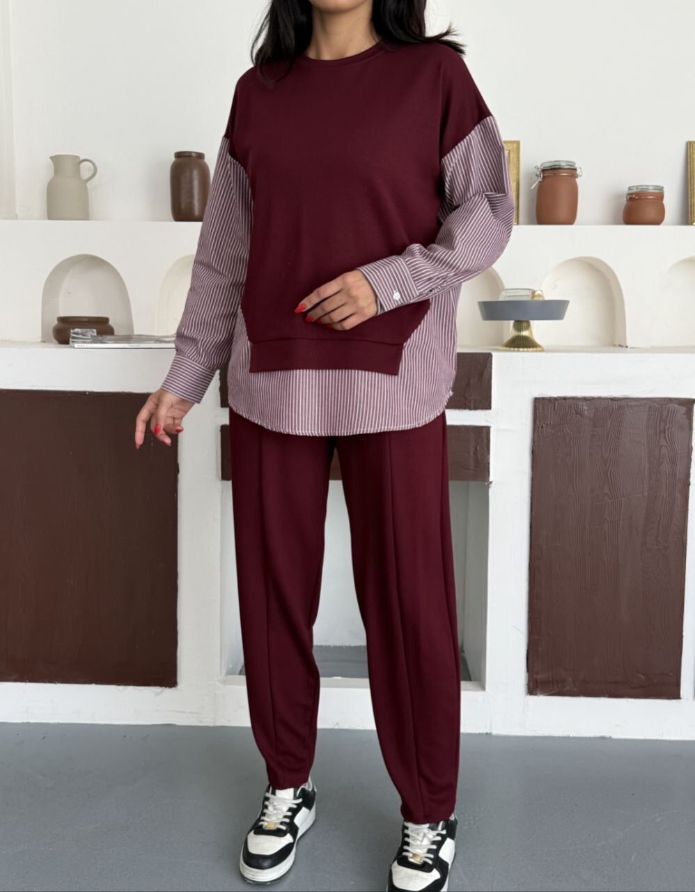 Gömlek Garnili Modal Alt Üst Takım bordo - XL