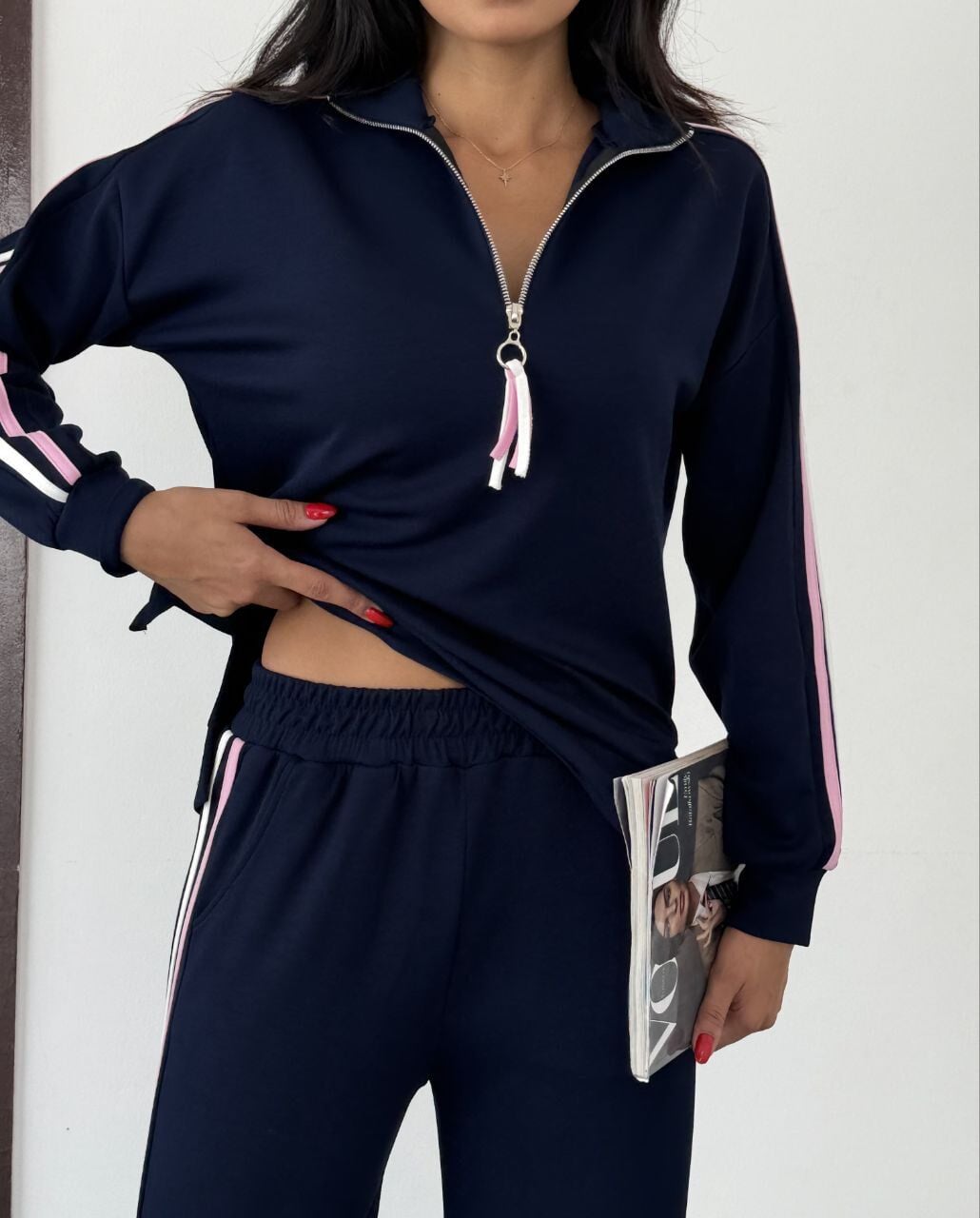 Yarım Fermuarlı Yanları Şeritli Modal Takım lacivert - L