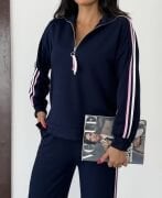 Yarım Fermuarlı Yanları Şeritli Modal Takım lacivert - L