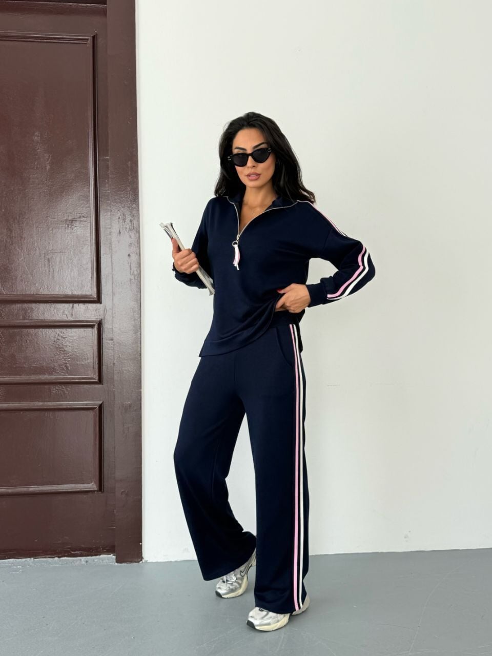 Yarım Fermuarlı Yanları Şeritli Modal Takım lacivert - L