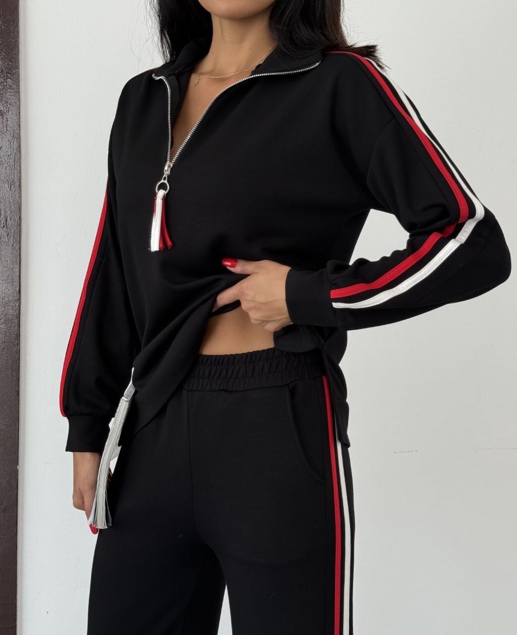 Yarım Fermuarlı Yanları Şeritli Modal Takım siyah - L