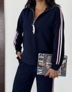 Yarım Fermuarlı Yanları Şeritli Modal Takım lacivert - XL