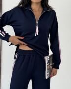 Yarım Fermuarlı Yanları Şeritli Modal Takım lacivert - XL