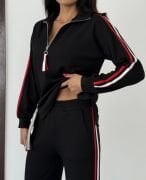 Yarım Fermuarlı Yanları Şeritli Modal Takım siyah - XL