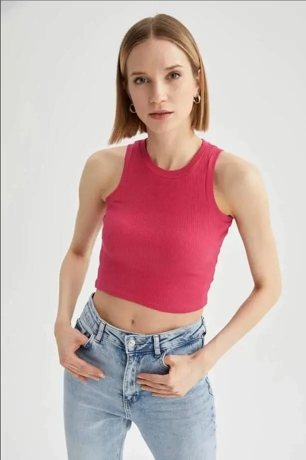 %100 Pamuk Halter Yaka Kaşkorse Crop Body M - pembe