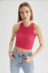 %100 Pamuk Halter Yaka Kaşkorse Crop Body XL - pembe