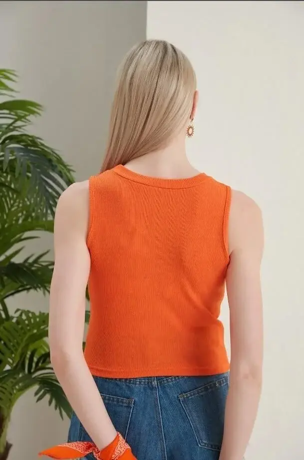 %100 Pamuk Halter Yaka Kaşkorse Crop Body S - turuncu