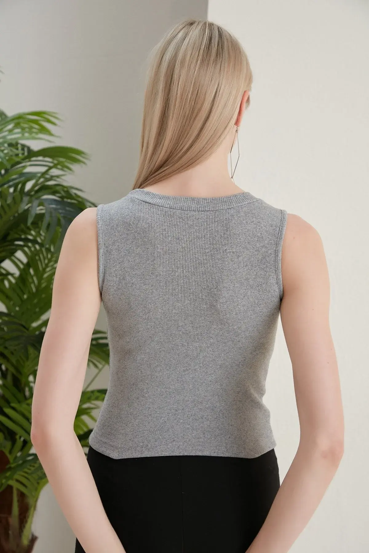 %100 Pamuk Halter Yaka Kaşkorse Crop Body S - gri