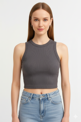 %100 Pamuk Halter Yaka Kaşkorse Crop Body M - füme