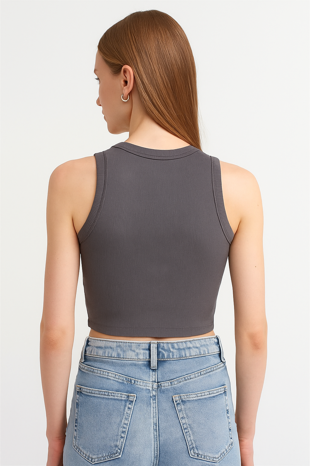 %100 Pamuk Halter Yaka Kaşkorse Crop Body S - füme