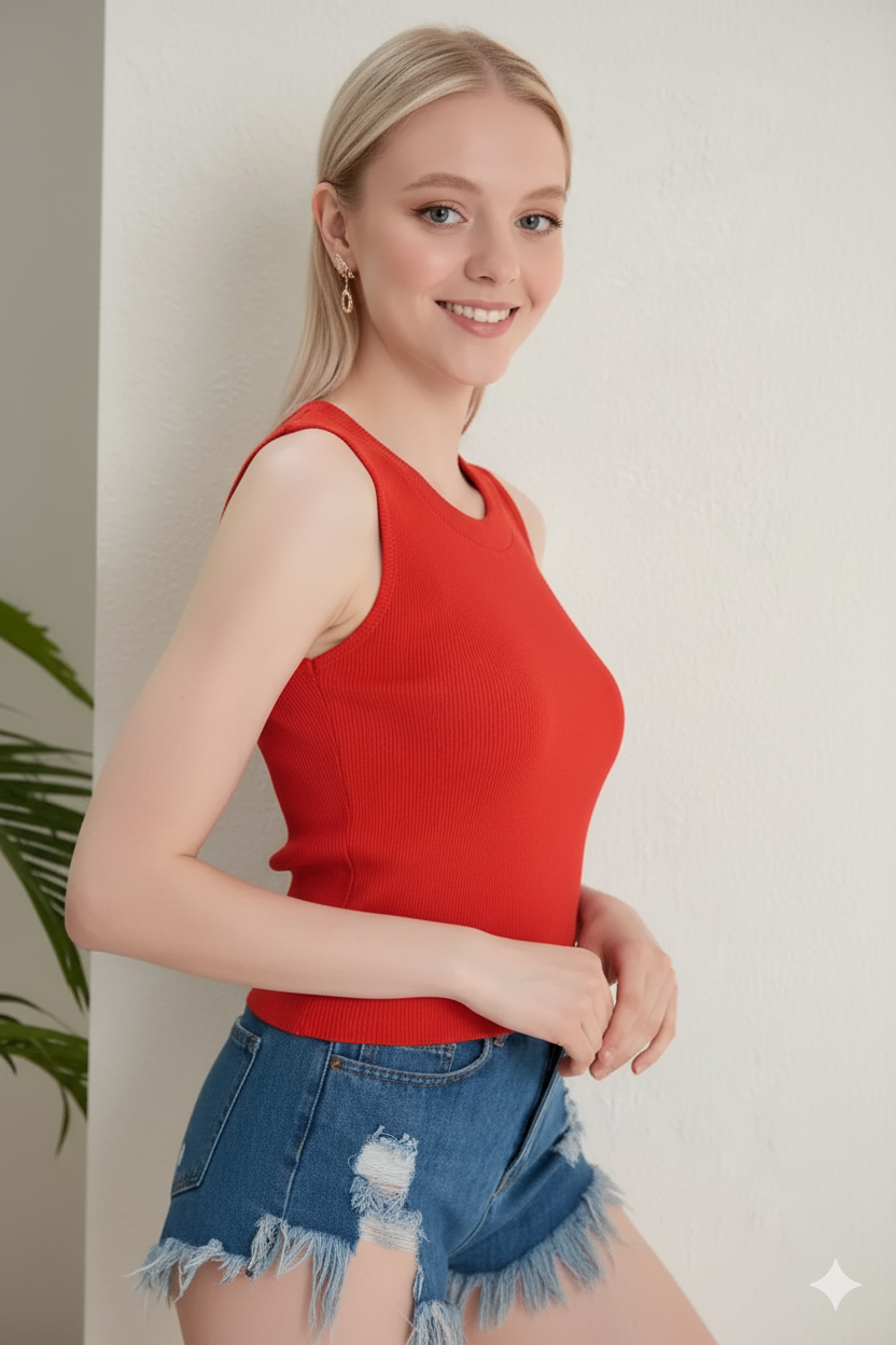 %100 Pamuk Halter Yaka Kaşkorse Crop Body XL - kırmızı
