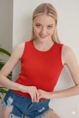 %100 Pamuk Halter Yaka Kaşkorse Crop Body S - kırmızı