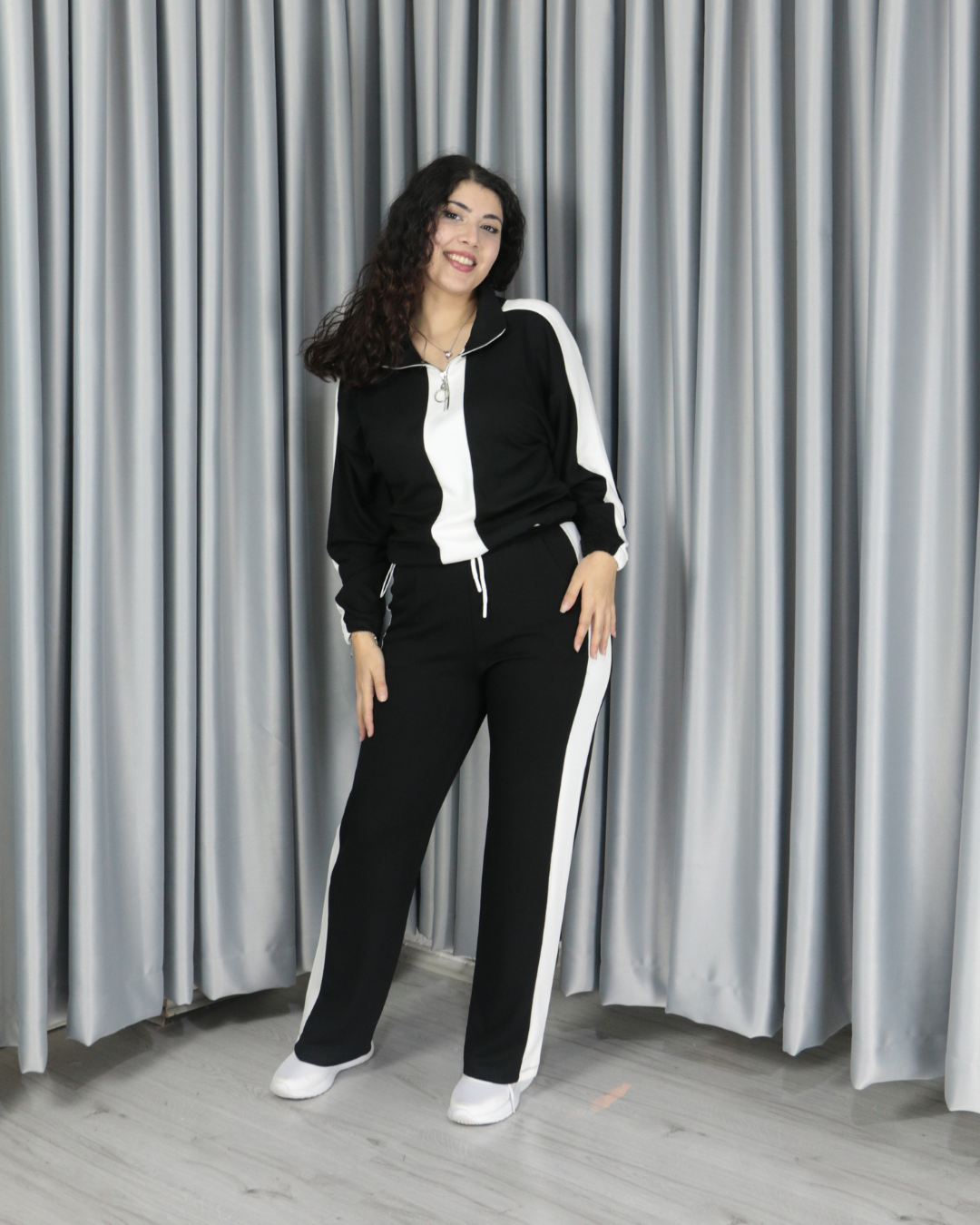 Yarım Fermuarlı Bel Büzgülü Modal Alt Üst Takım XL - siyah