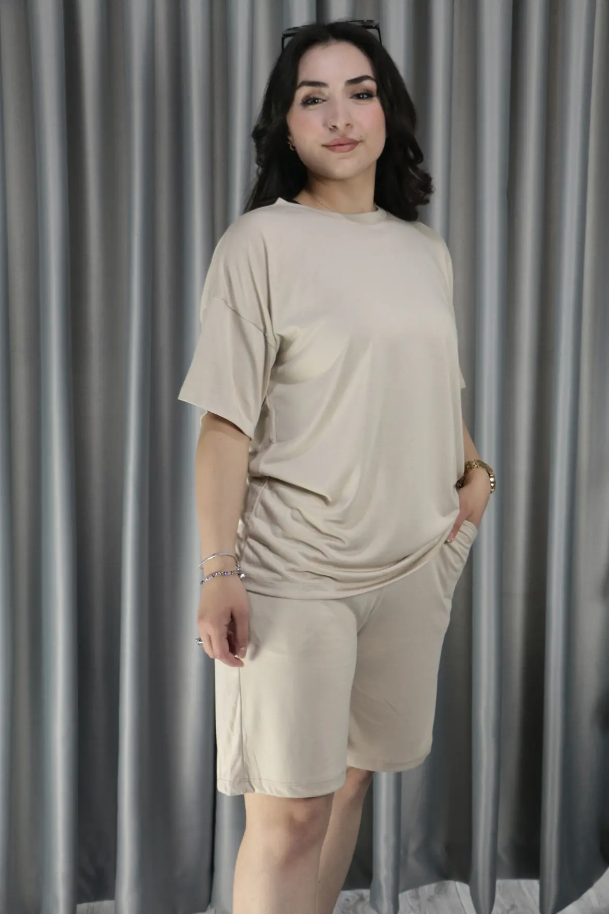 Kadın Modal Kumaş Premium Kalite Şortlu Takım S - krem