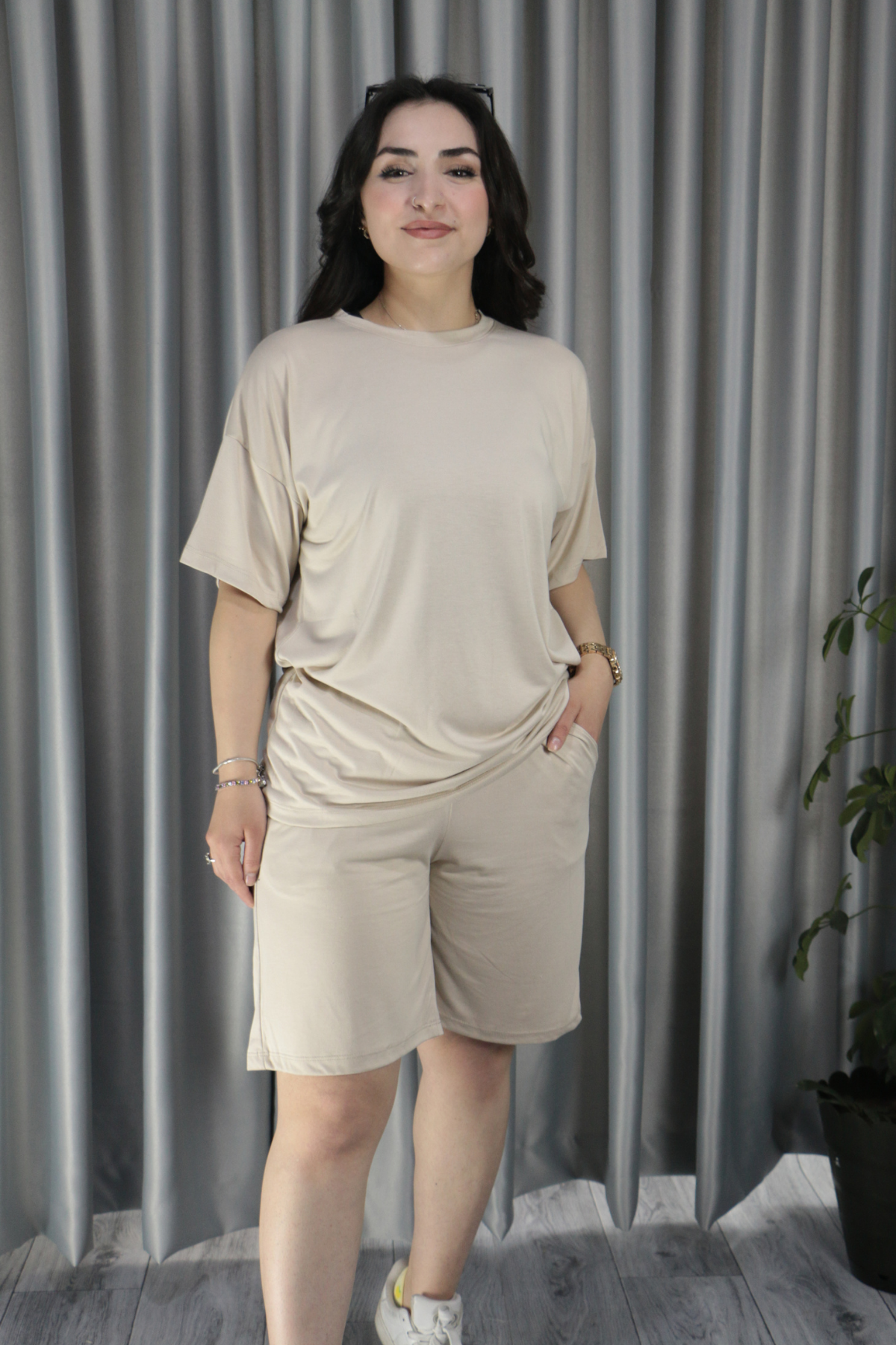 Kadın Modal Kumaş Premium Kalite Şortlu Takım S - krem