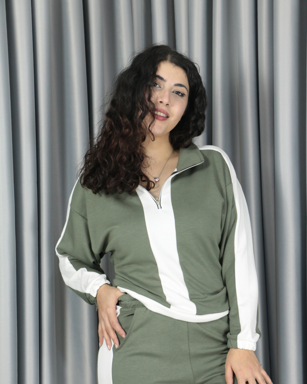 Yarım Fermuarlı Bel Büzgülü Modal Alt Üst Takım XL - haki