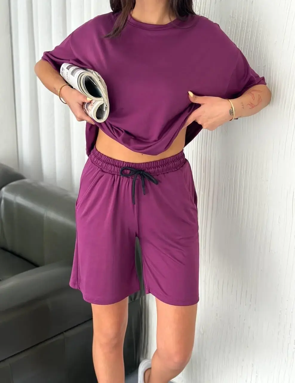 Kadın Modal Kumaş Premium Kalite Şortlu Takım XL - mürdüm