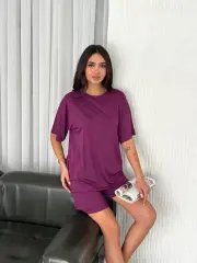 Kadın Modal Kumaş Premium Kalite Şortlu Takım XL - mürdüm