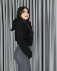 Kadın Michigan Nakış Detaylı Ekru Crop Kapüşonlu Kalın İçi Polarlı Oversize Sweatshirt S - siyah