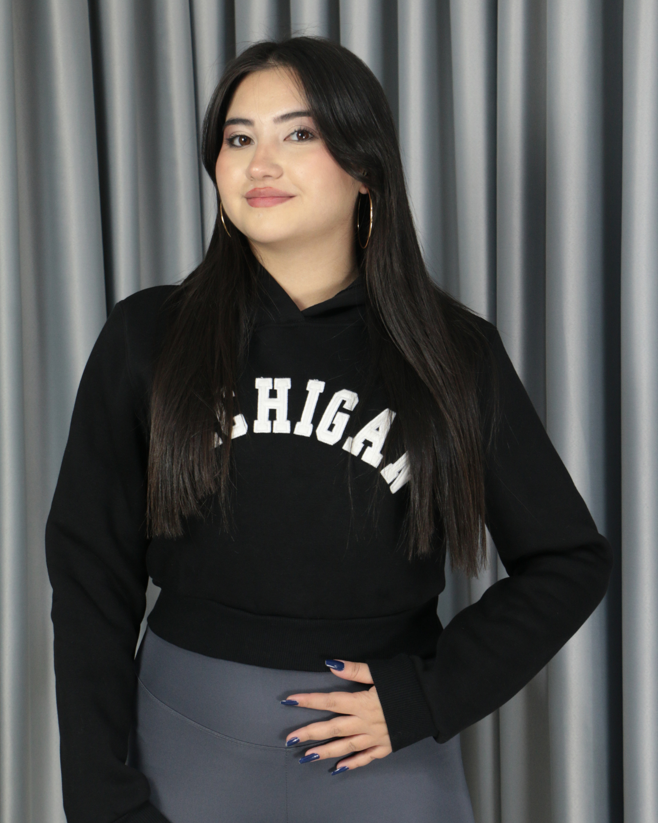 Kadın Michigan Nakış Detaylı Ekru Crop Kapüşonlu Kalın İçi Polarlı Oversize Sweatshirt S - siyah