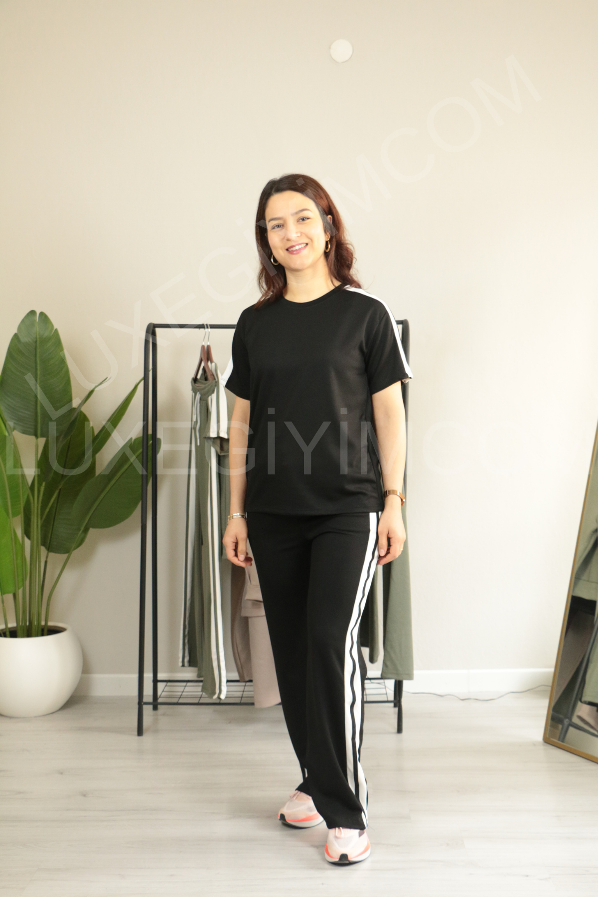 Yanları Şeritli Modal Rahat Kesim Alt Üst Takım XL - siyah