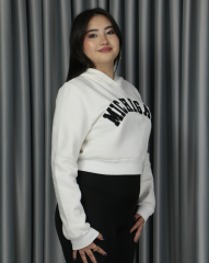 Kadın Michigan Nakış Detaylı Ekru Crop Kapüşonlu Kalın İçi Polarlı Oversize Sweatshirt S - beyaz