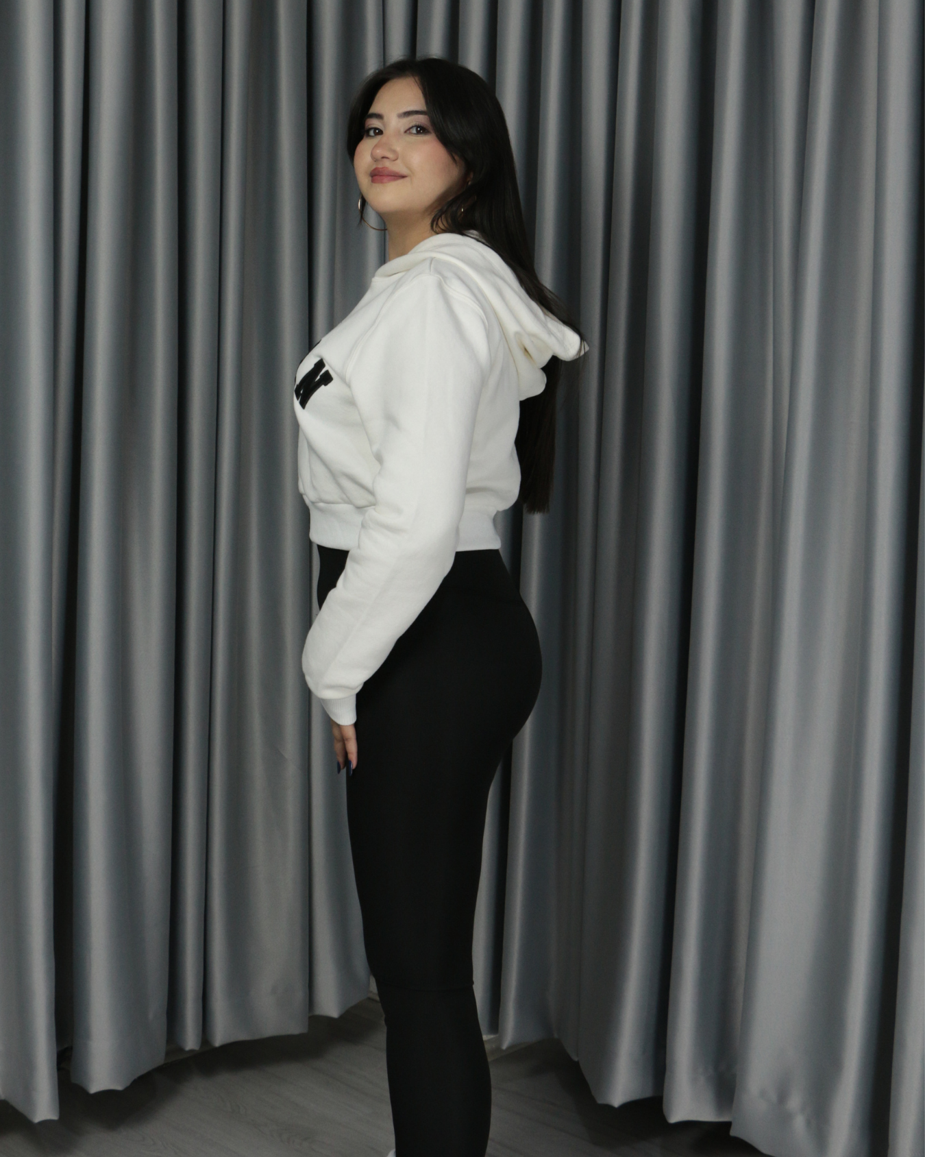 Kadın Michigan Nakış Detaylı Ekru Crop Kapüşonlu Kalın İçi Polarlı Oversize Sweatshirt S - beyaz