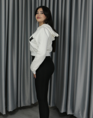 Kadın Michigan Nakış Detaylı Ekru Crop Kapüşonlu Kalın İçi Polarlı Oversize Sweatshirt S - beyaz