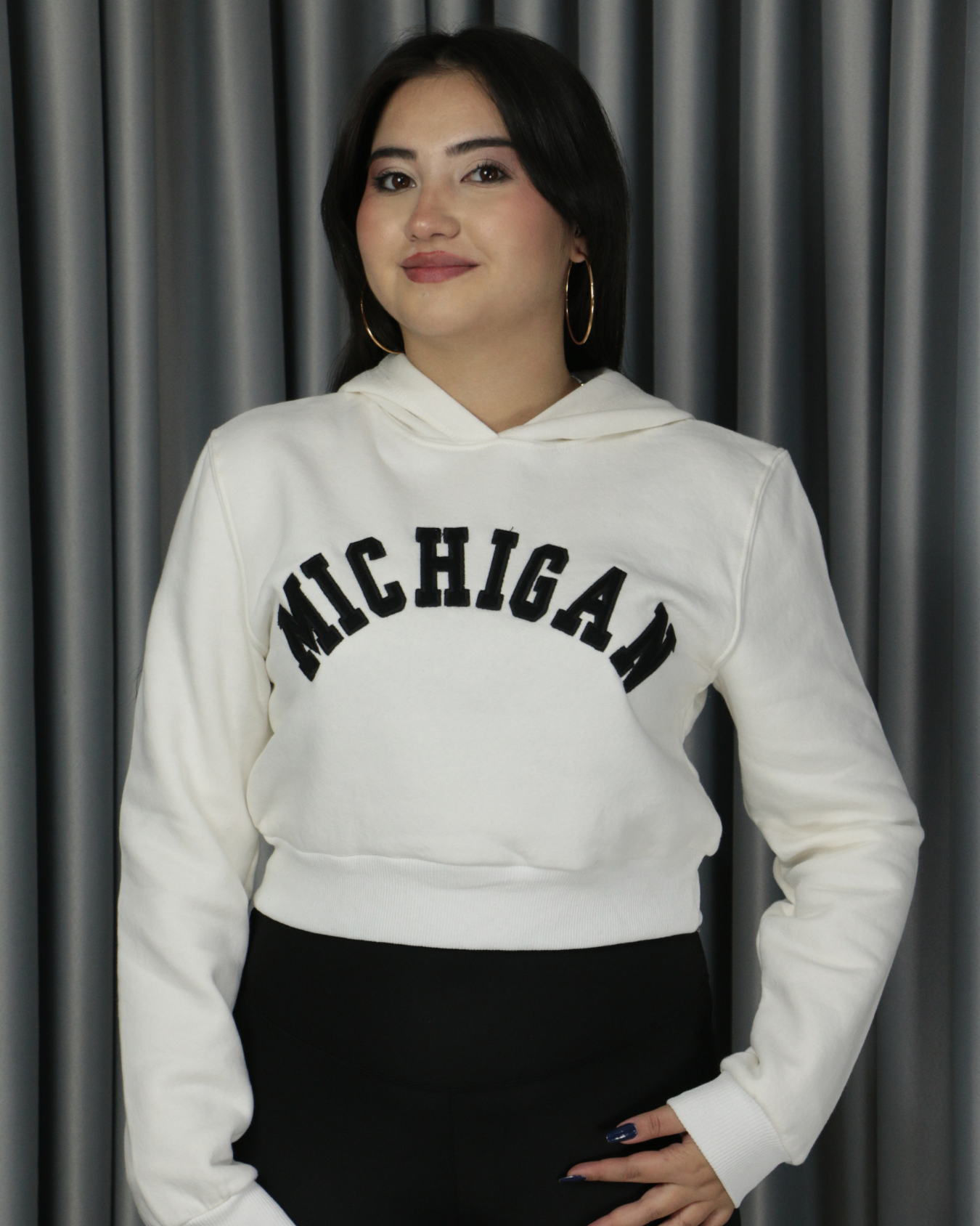 Kadın Michigan Nakış Detaylı Ekru Crop Kapüşonlu Kalın İçi Polarlı Oversize Sweatshirt S - beyaz