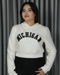Kadın Michigan Nakış Detaylı Ekru Crop Kapüşonlu Kalın İçi Polarlı Oversize Sweatshirt S - beyaz