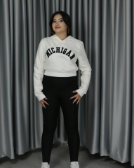 Kadın Michigan Nakış Detaylı Ekru Crop Kapüşonlu Kalın İçi Polarlı Oversize Sweatshirt S - beyaz