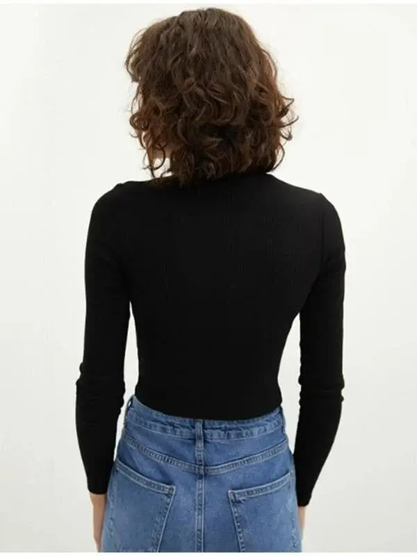 Yarım Fermuarlı Likralı Kaşkorse Crop Top S - siyah