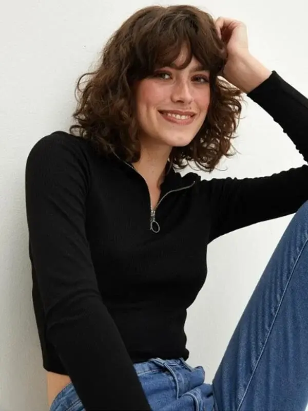 Yarım Fermuarlı Likralı Kaşkorse Crop Top S - siyah