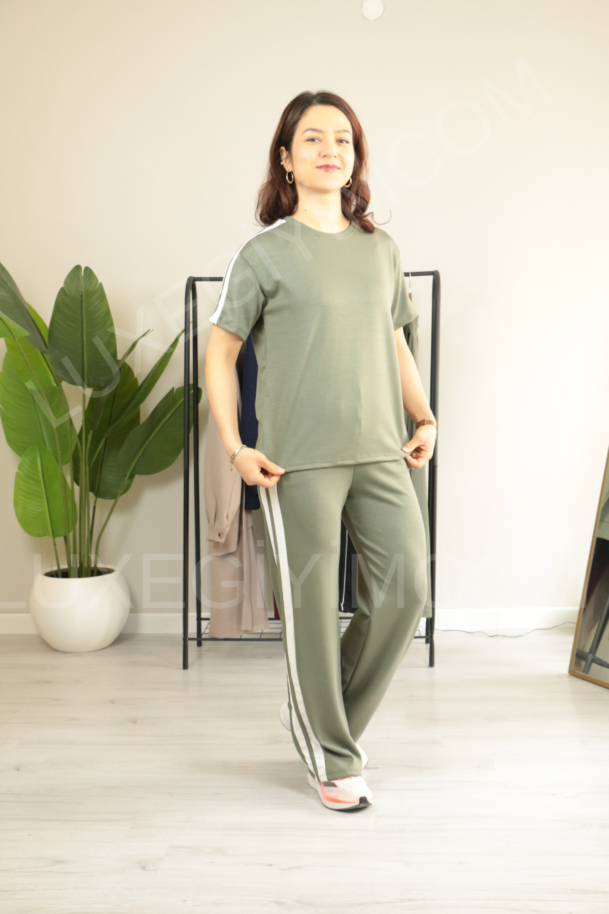 Yanları Şeritli Modal Rahat Kesim Alt Üst Takım XL - haki