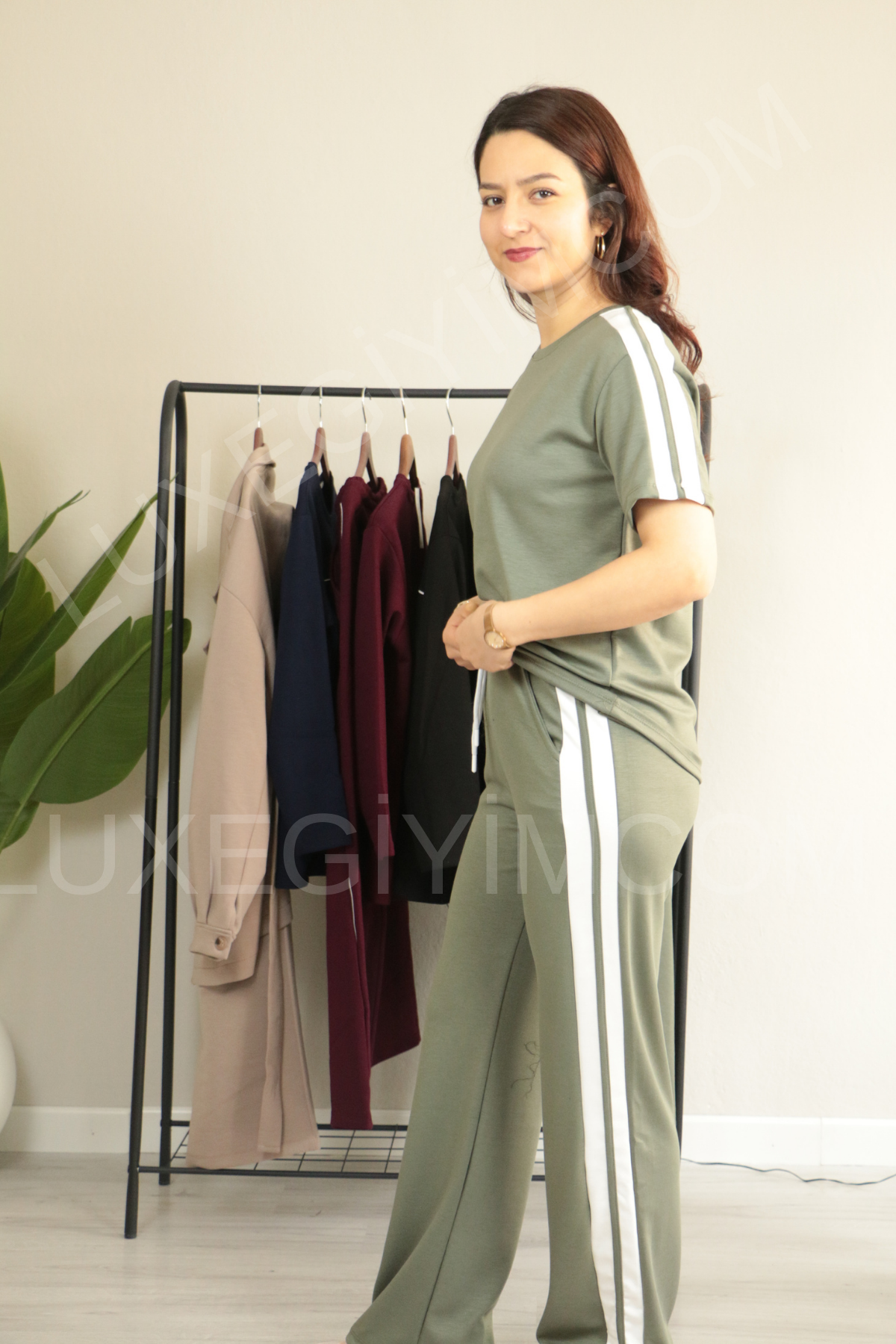 Yanları Şeritli Modal Rahat Kesim Alt Üst Takım XL - haki