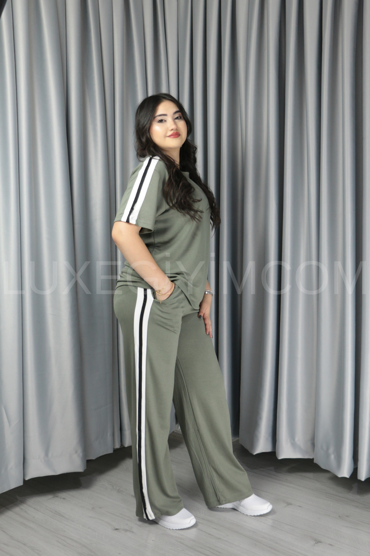 OSY Yanları Şeritli Modal Rahat Kesim Alt Üst Takım XL - haki