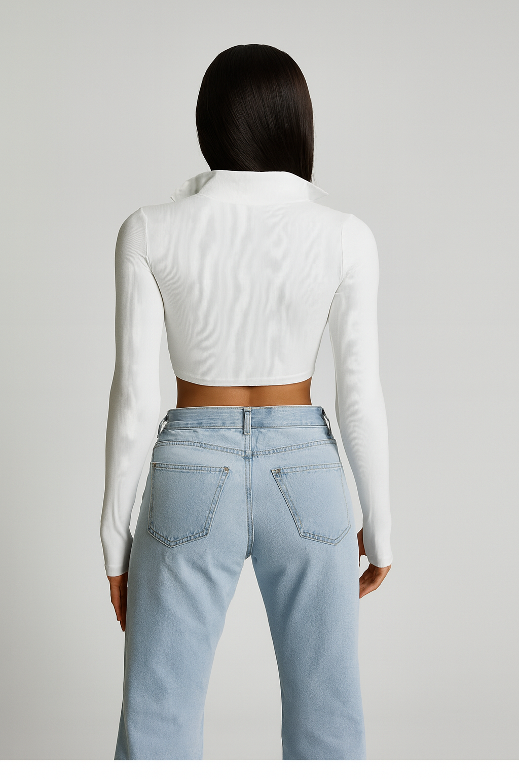 Yarım Fermuarlı Likralı Kaşkorse Crop Top M - beyaz