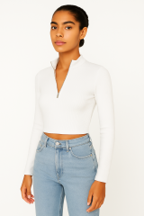 Yarım Fermuarlı Likralı Kaşkorse Crop Top M - beyaz