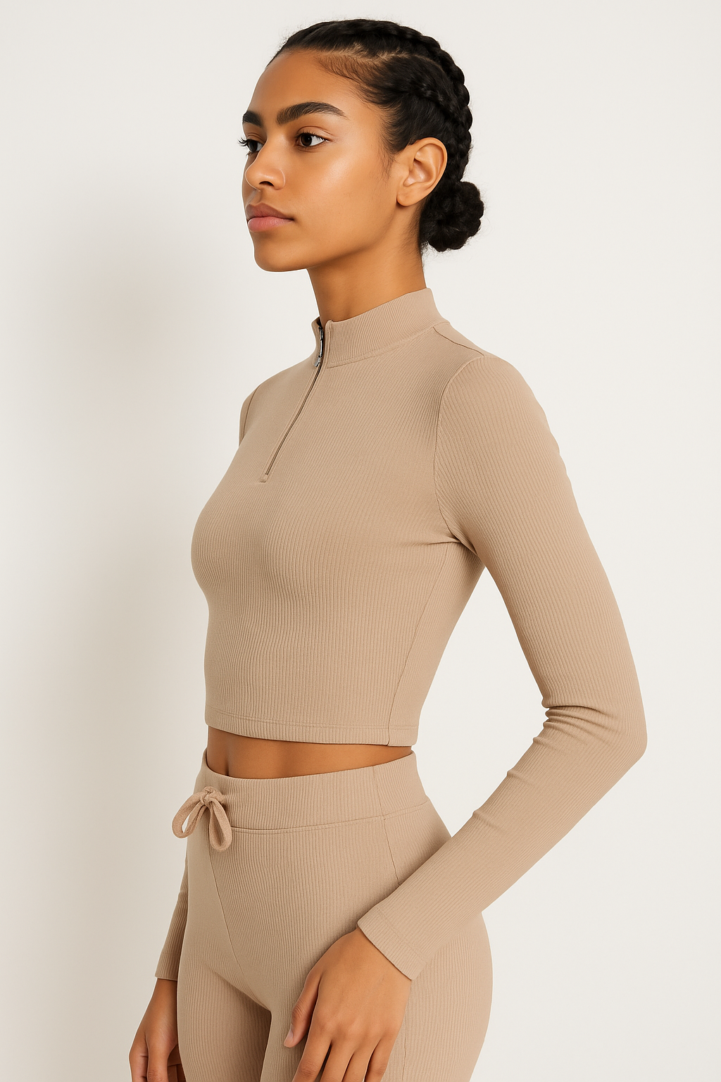 Yarım Fermuarlı Likralı Kaşkorse Crop Top M - bej